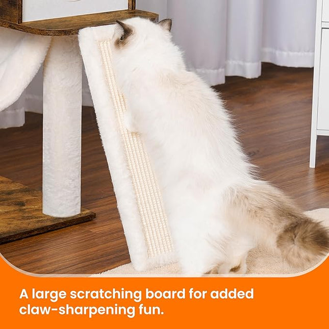 Heybly Wood Cat Tree for Indoor Cats, Cat Condo for Large Cats with Self Groomer,Rustic Brown