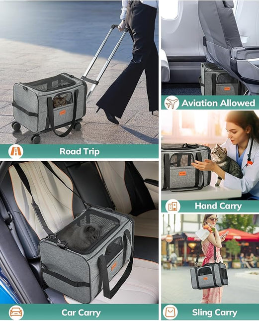 Morpilot Cat Carrier with Wheels Airline Approved, Pet Dog Carrier Dark Gray
