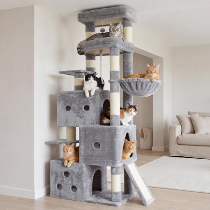 Heybly Cat Tree, 188cm Streamlined Cat Tower for Large Cats with 3-Tier,Light Gray