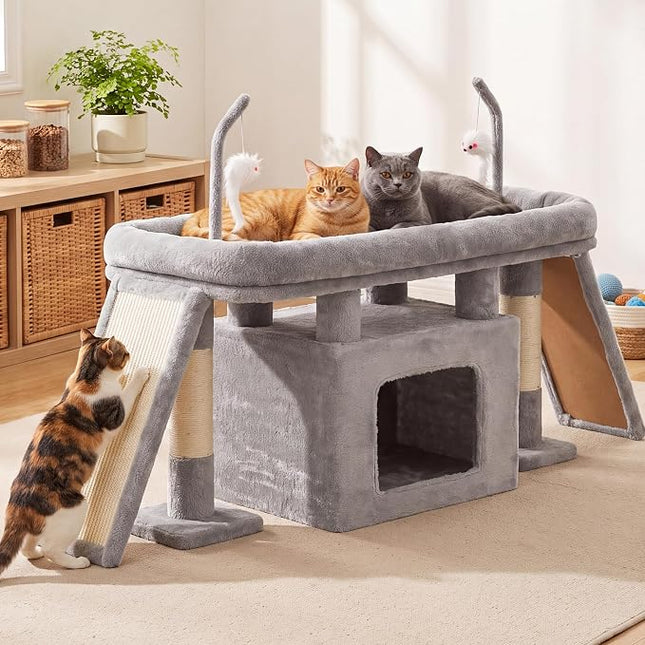 Heybly Cat Tree Extra-Long & Stable 2 Adjustable Scratch Boards, Light Gray