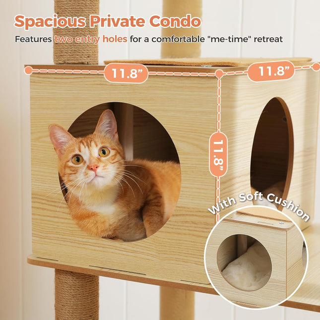 PAWZ Road Cat Tree, 180cm Wood Large Cat Tower with 2 Acrylic Nests, 10 Sisal Covered Scratching Posts, Condo House and Spacious Top Perch for Large Cats