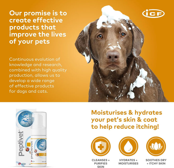 Peptivet Dog & Cat Skin Foam, No-Rinse Leave-On for Itchy Skin, 100 ml