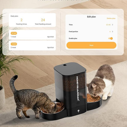HoneyGuaridan Automatic Cat Feeder, 2 Bowls with Motion Sensor, 5G/2.4G WiFi Intelligent Cat Feeder for Remote Feeding, 5 L