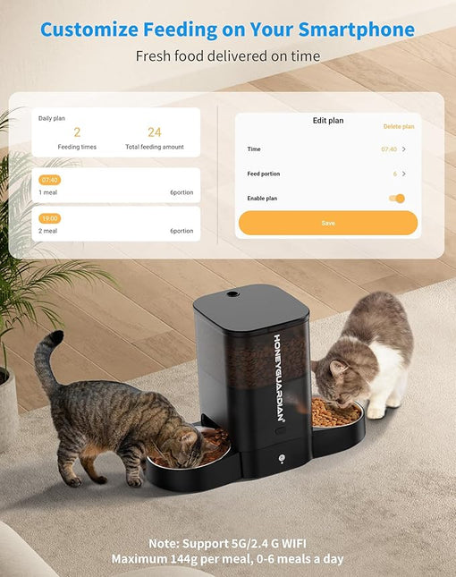 HoneyGuaridan Automatic Cat Feeder, 2 Bowls with Motion Sensor, 5G/2.4G WiFi Intelligent Cat Feeder for Remote Feeding, 5 L