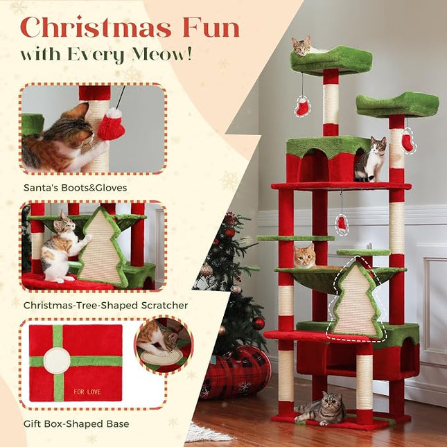 PAWZ Road Christmas Cat Tree, 72" with Big Condo, Hammock & Xmas Scratcher