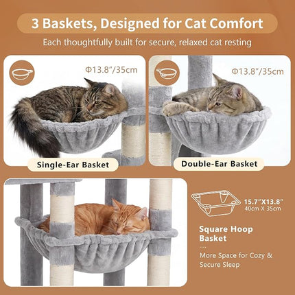 Heybly Cat Tree, 74.8-Inch Spacious & Tall Cat Tower for Large Cats,2 Cat Condos, Hanging Hammock, Light Gray