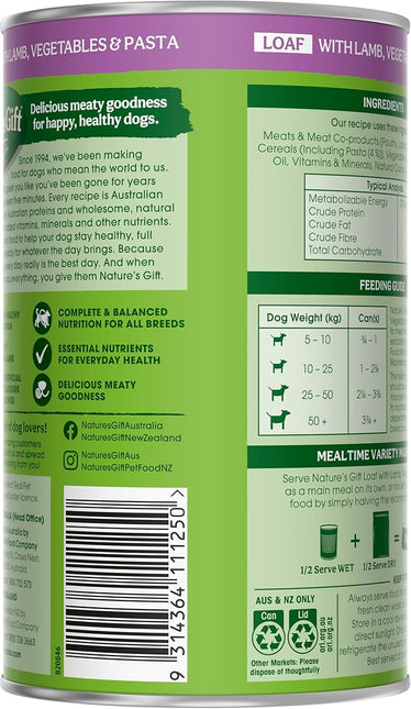 Nature's Gift Adult Wet Dog Food in Can, Loaf Lamb Recipe with Vegetables and Pasta 12x700g - Wholesome Mealtime in a Convenient Can, Natural Ingredients with Added Nutrients for Everyday Health