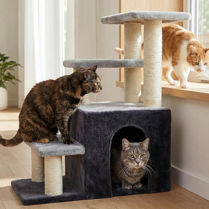 Heybly Cat Scratching Post, Sturdy Pet Stairs & Steps for Indoor Cats and Dogs, Small Cat Tree with Cat Condo,Light Gray