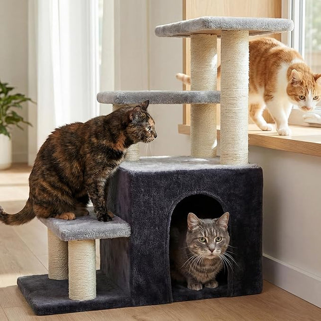 Heybly Cat Scratching Post, Sturdy Pet Stairs & Steps for Indoor Cats and Dogs, Small Cat Tree with Cat Condo,Light Gray