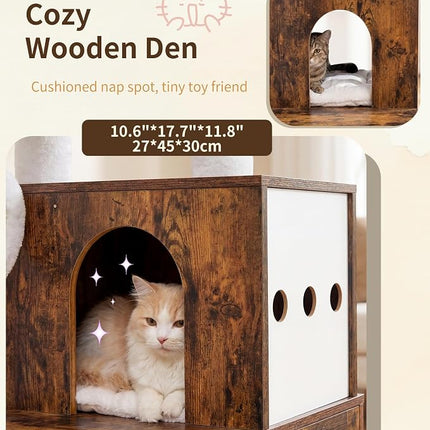 Heybly Cat Tree with Litter Box Enclosure, Modern 162cm Hidden Cat Tower for Indoor Cats, All-in-One Solid Wood Cat Condo with Paw-Shaped Board, Multi-Level Perch & Playzone, Rustic Brown HCT105SR