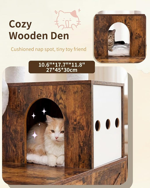 Heybly Cat Tree with Litter Box Enclosure, Modern 162cm Hidden Cat Tower for Indoor Cats, All-in-One Solid Wood Cat Condo with Paw-Shaped Board, Multi-Level Perch & Playzone, Rustic Brown HCT105SR