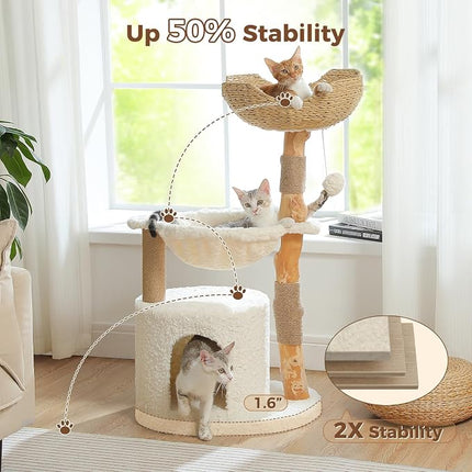 PAWZ Road Modern Cat Tree with Real Wood&Wicker Basket for Large Cats White