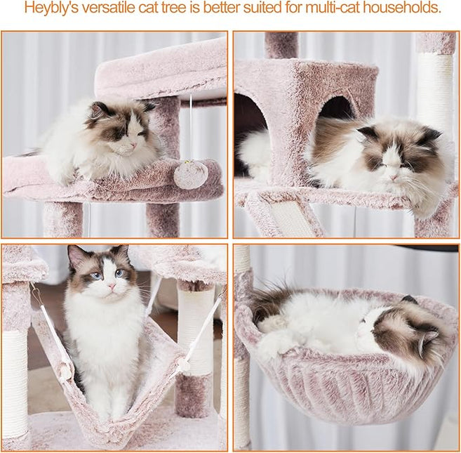 Heybly Cat Tree, 180 cm-Tall Tower for Indoor Cats with 2 Perches, 2 Big Condos, 2 Hammocks, Mushroom