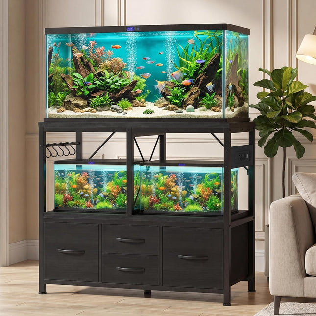 Heybly 40-50 Gal Fish Tank Stand with Drawer, Power Outlet, Black HAS004BK | Aquarium Stand, Heavy Duty, for Fish Tank, Turtle & Reptile Terrarium, 36.2" L × 18.1" Top, 660lbs (Top)+330lbs(Mid)