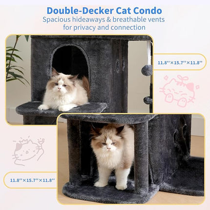 Heybly 26.3" Cat Tree for Large Cats with Big Perch & Dual Condos HCT204SG | 26.3-inch Spacious Cat Tower with Scratching Posts, Stair-Style Cat House Furniture with Cozy Basket & Pompom, Smoky Gray