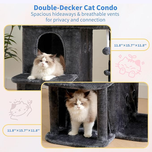 Heybly 26.3" Cat Tree for Large Cats with Big Perch & Dual Condos HCT204SG | 26.3-inch Spacious Cat Tower with Scratching Posts, Stair-Style Cat House Furniture with Cozy Basket & Pompom, Smoky Gray