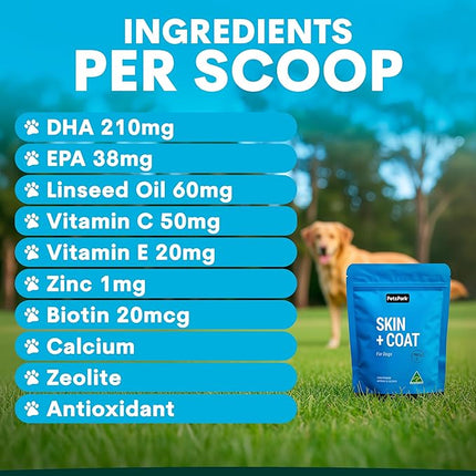 Petz Park Dog Skin and Coat Supplement 45 Scoops, Omega 3 for Dogs Made in Australia, Fish Oil for Dog Skin Support, Dog Food Topper, Dog Health Supplement Powder