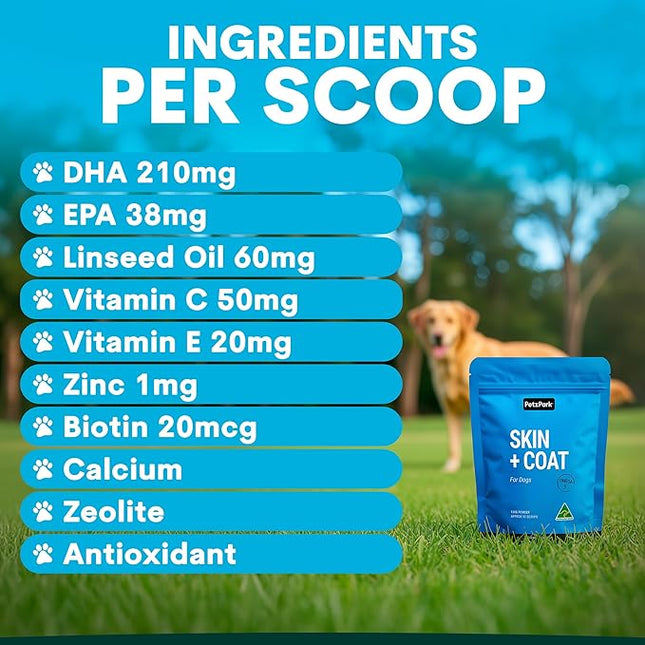 Petz Park Dog Skin and Coat Supplement 45 Scoops, Omega 3 for Dogs Made in Australia, Fish Oil for Dog Skin Support, Dog Food Topper, Dog Health Supplement Powder