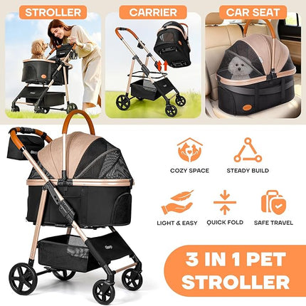 Dog Cat Stroller for Small/Medium Pets up to 50 lbs, 3-in-1 Foldable Pet Stroller with Detachable Carrier, Car Seat, Storage Basket, Cup Holder, Hanging Bag, Rain Cover, All-Terrain 4 Wheels (Khaki)