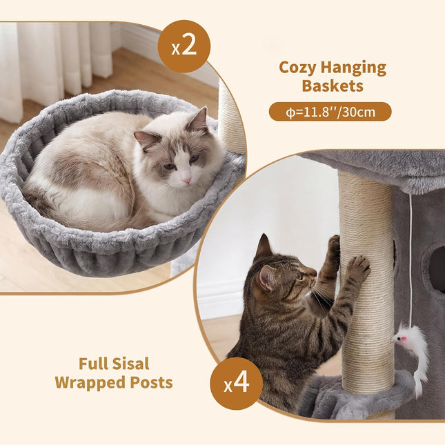 Heybly Cat Tree with Reinforced Big Base, 105cm Sturdy Cat Tower for Indoor Cats, Light Gray