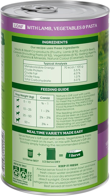 Nature's Gift Adult Wet Dog Food in Can, Loaf Lamb Recipe with Vegetables and Pasta 12x700g - Wholesome Mealtime in a Convenient Can, Natural Ingredients with Added Nutrients for Everyday Health