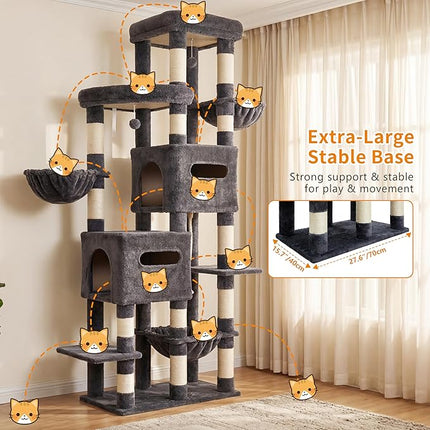 Heybly Cat Tree, 190cm Spacious & Tall Cat Tower for Large Cats, Smoky Gray HCT062G