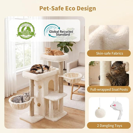 Heybly Cat Tree with Reinforced Big Base, 105cm Sturdy Cat Tower for Indoor Cats, Beige