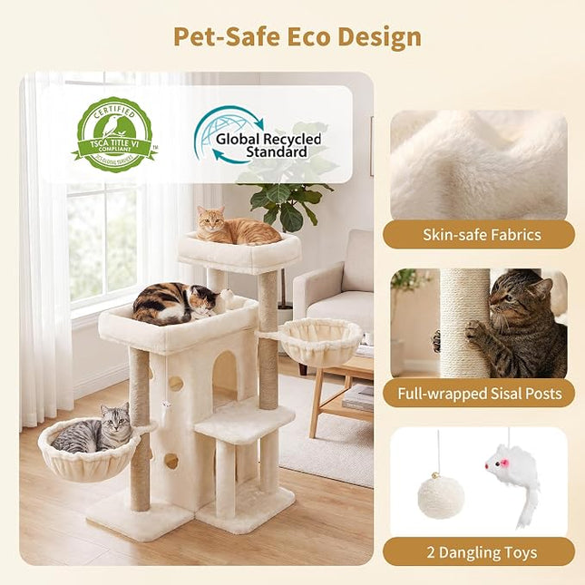 Heybly Cat Tree with Reinforced Big Base, 105cm Sturdy Cat Tower for Indoor Cats, Beige
