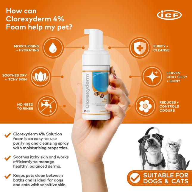 CLX 4% Chlorhexidine Dog & Cat Foam, No-Rinse Cleansing Mousse, 100 ml