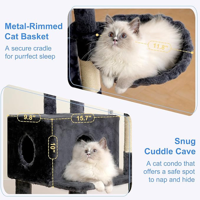 Heybly Cat Tree, 45.3" Cat Tower for Indoor Cats with Large Perch HCT202SG | All-in-One Cat Furniture with Cozy Bed, Smoky Gray