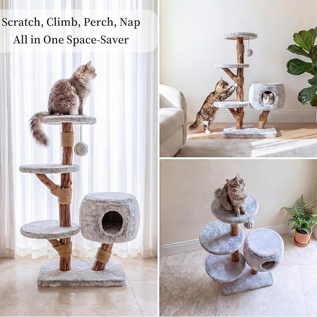 LEO &LEXI Modern Cat Tree Tower with Cave for Indoor Cats, Real Wood Cat Scratching Post with Bed, Solid Wooden Climbing Tower, Aesthetic, Luxury Pet Furniture
