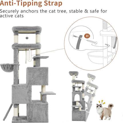 Heybly Cat Tree, 188cm Streamlined Cat Tower for Large Cats with 3-Tier,Light Gray