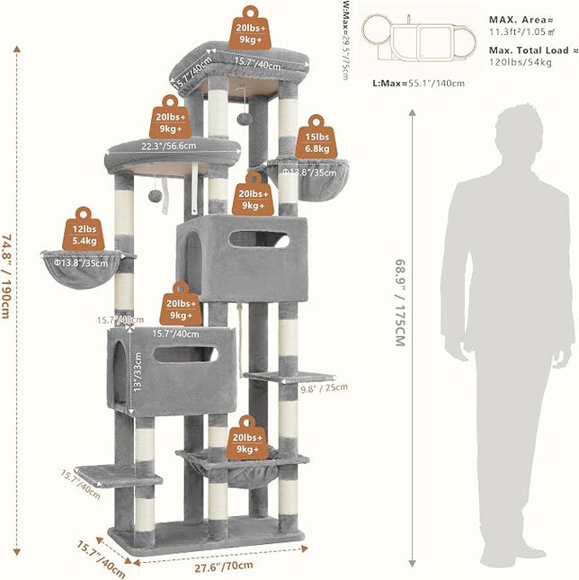 Heybly Cat Tree, 74.8-Inch Spacious & Tall Cat Tower for Large Cats,2 Cat Condos, Hanging Hammock, Light Gray