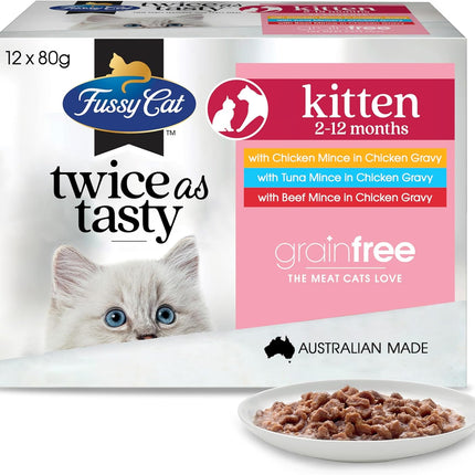 Fussy Cat Grain Free Twice as Tasty Kitten Wet Food, Kitten Mince 12x80g - Two Tasty Textures, One Irresistible Meal, Real Australian Meat, Grain-Free & Complete Nutrition (Pack of 3)