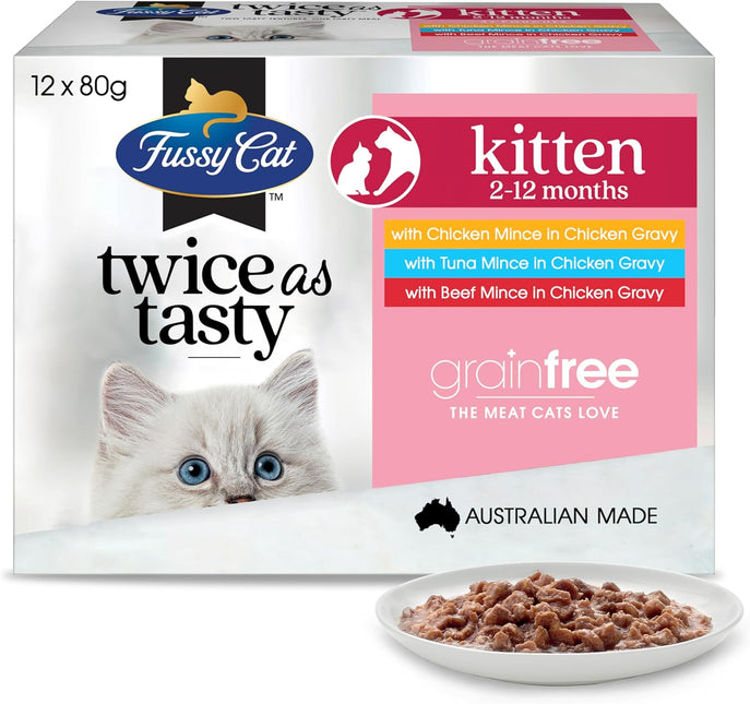Fussy Cat Grain Free Twice as Tasty Kitten Wet Food, Kitten Mince 12x80g - Two Tasty Textures, One Irresistible Meal, Real Australian Meat, Grain-Free & Complete Nutrition (Pack of 3)