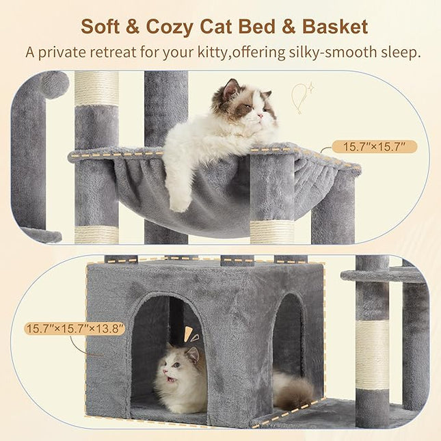 Heybly Heavy Duty Cat Tree for Large Adult, Tall Cat Condo House with Extra-Large Baseboard,Light Gray HCT026W