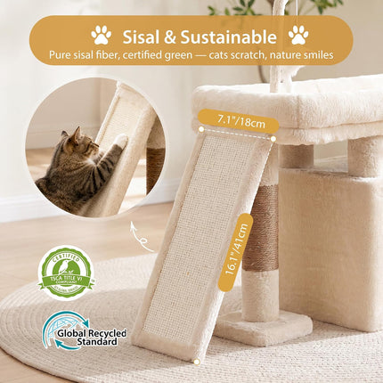 Heybly Cat Tree Extra-Long & Stable 2 Adjustable Scratch Boards,Beige