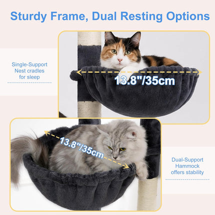 Heybly 173cm Heavy Duty Cat Tower for Large Indoor Cats with 2 Condos, 2 Hammocks, 10 Sisal Scratching Posts, Smoky Gray HCT059G