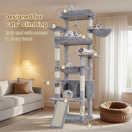 Heybly Tall Cat Tree for Large Cat, 202cm Multi-Level Cat Tower , Light Gray HCT038W
