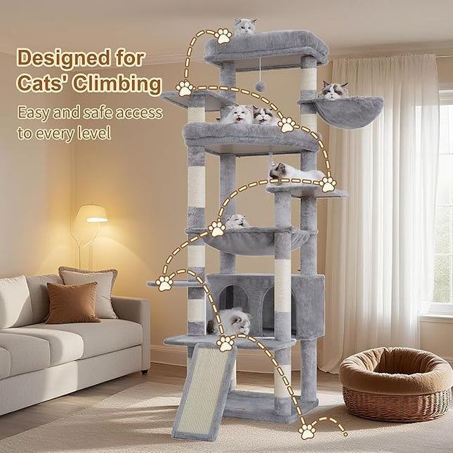 Heybly Tall Cat Tree for Large Cat, 202cm Multi-Level Cat Tower , Light Gray HCT038W