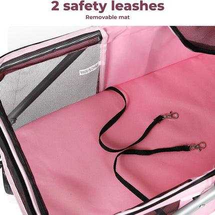 PaWz 4 Wheels Foldable Pet Stroller Dog Cat Travel Carrier Large Pink, Removable Canopy Dog Pram with 2 Safety Leash, Detachable Folding Pet Stroller Trolley for Cats Dogs, Pet Carrier with Wheels