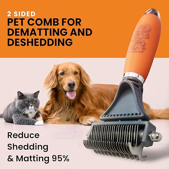 GoPets 2-in-1 Dematting Comb for Dogs, Pet Grooming Rake, Double-Sided Dog Brush for Shedding, Deshedding Brush for Cats, Undercoat Mat Dematting Tool for Long Haired Cats, Grooming Matting Hair