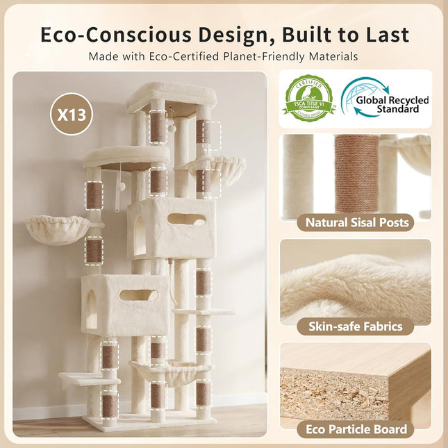 Heybly Cat Tree, 190cm Spacious & Tall Cat Tower for Large Cats,  2 Cat Condos, Hanging Hammock, Durable Sisal Scratching Posts, Beige HCT062MJ