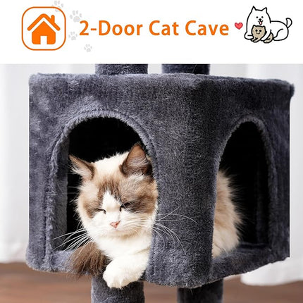 Heybly Cat Tree, 100 cm Small Cat Scratching Post with Large Platform, Cave 2 Hammocks