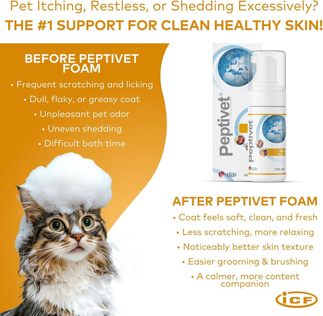 Peptivet Dog & Cat Skin Foam, No-Rinse Leave-On for Itchy Skin, 100 ml