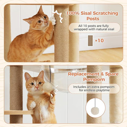 PAWZ Road Cat Tree, 180cm Wood Large Cat Tower with 2 Acrylic Nests, 10 Sisal Covered Scratching Posts, Condo House and Spacious Top Perch for Large Cats