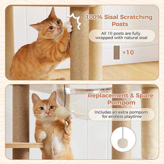 PAWZ Road Cat Tree, 180cm Wood Large Cat Tower with 2 Acrylic Nests, 10 Sisal Covered Scratching Posts, Condo House and Spacious Top Perch for Large Cats