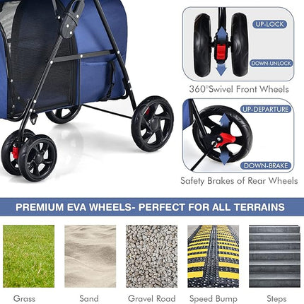 4-in-1 Double Layer Pet Stroller, Foldable Cat Dog double Stroller on Wheels w/ 2 Detachable