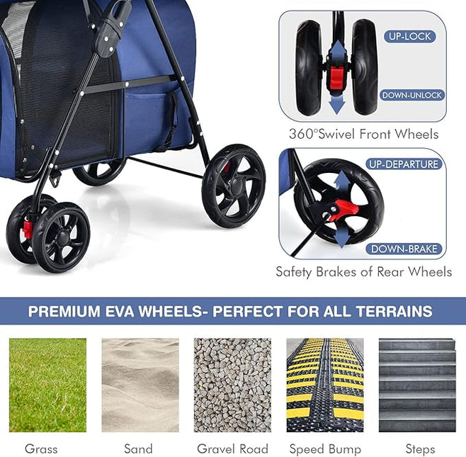 4-in-1 Double Layer Pet Stroller, Foldable Cat Dog double Stroller on Wheels w/ 2 Detachable