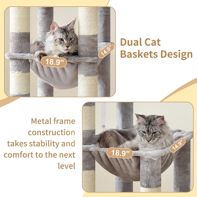 Heybly Cat Tree, 71-Inch Tall Cat Tower for Large Maine Coon Cats HCT037W | Light Gray